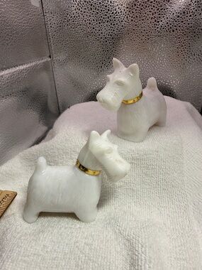1970 “Queen of Scotts” Scottie Dog White Perfume Decanters with Gold Collars